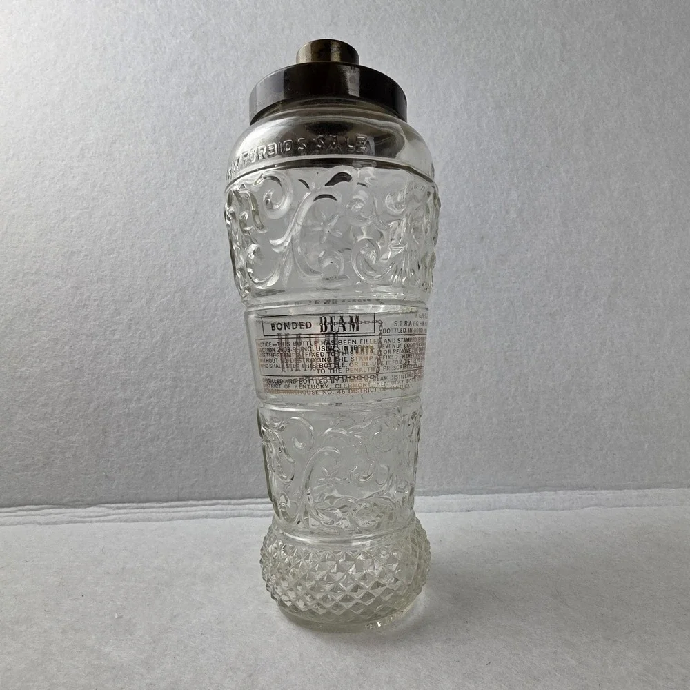 Vintage Jim Beam Bonded Beam Embossed Glass Liquor Pour Bottle w/ Metal Spout